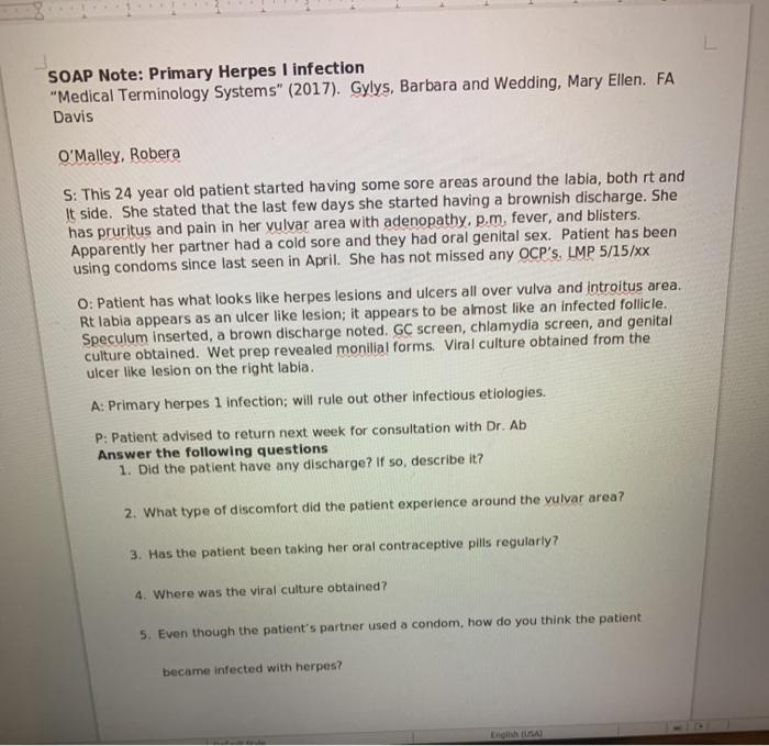 Solved SOAP Note Primary Herpes I infection "Medical