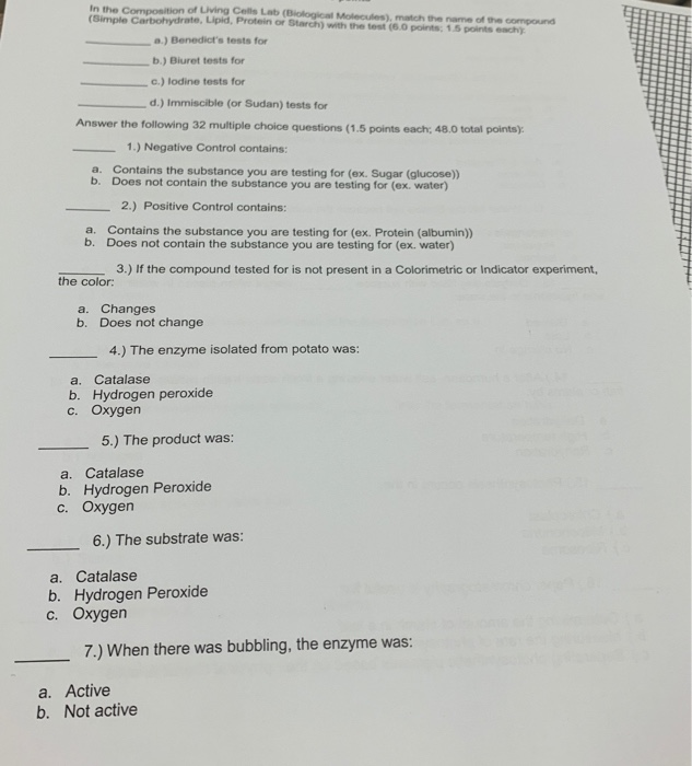 Solved In the Composition of Living Cells Lab (Biological | Chegg.com