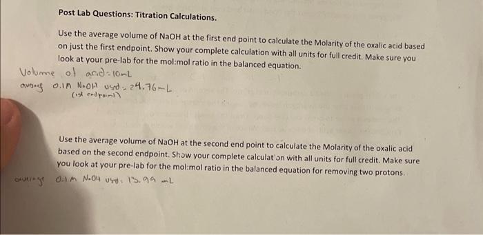 Solved Post Lab Questions Titration Calculations Use The