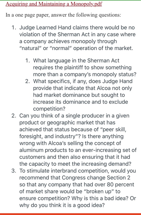 Acquiring and Maintaining a Monopoly.pdf In a one | Chegg.com