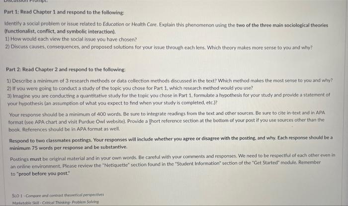 Part 1: Read Chapter 1 and respond to the following: | Chegg.com