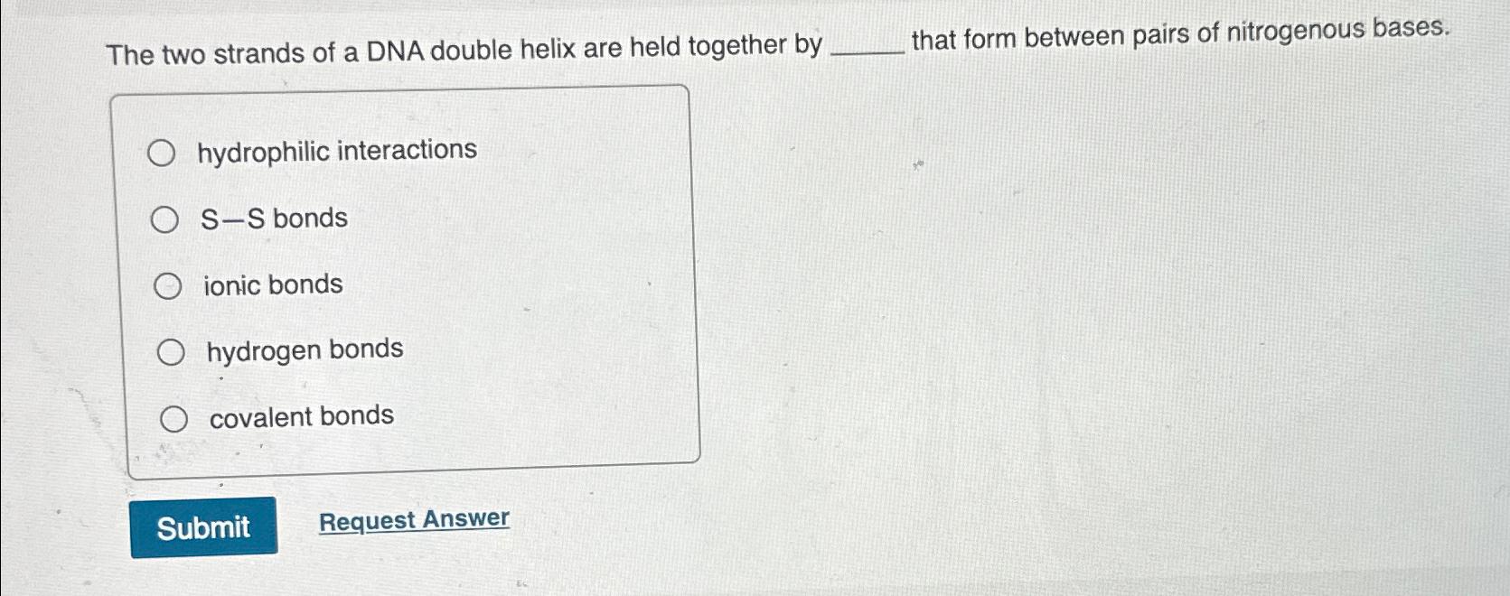 Solved The two strands of a DNA double helix are held | Chegg.com