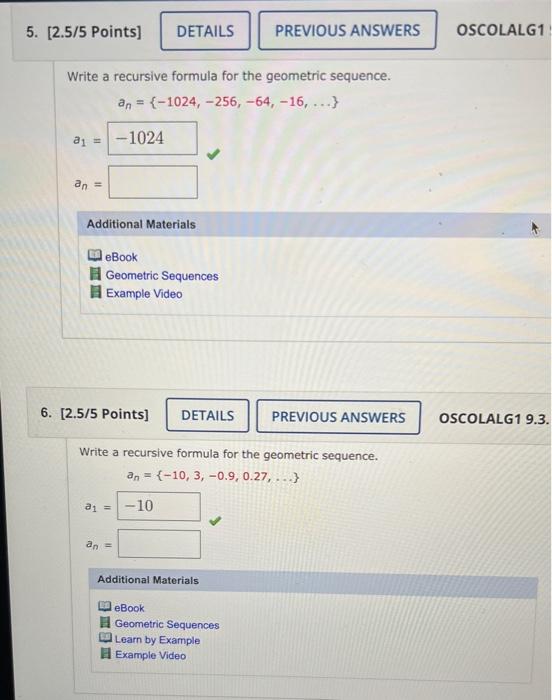 Solved Write a recursive formula for the geometric sequence. | Chegg.com