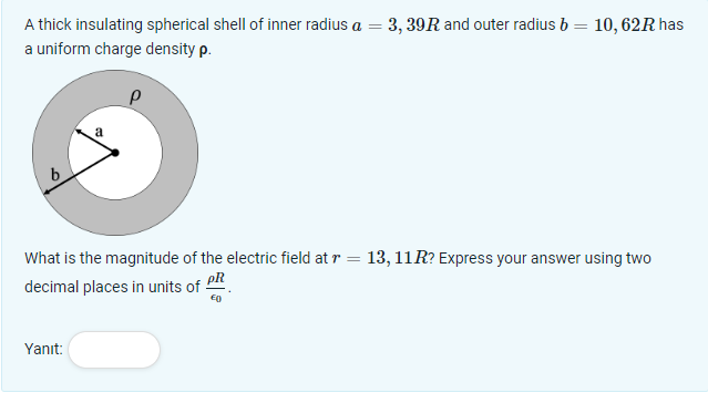 Solved A thick insulating spherical shell of inner radius | Chegg.com