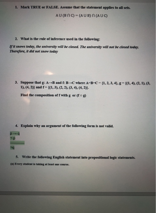 Solved 1 Mark True Or False Assume That The Statement Chegg Com