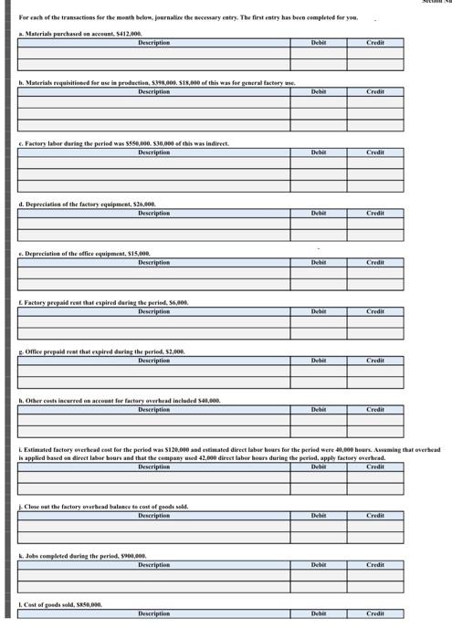 Solved For each of the transactions for the month below, | Chegg.com