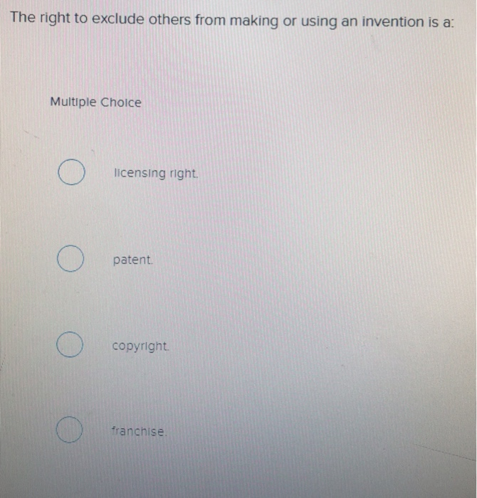 Solved The right to exclude others from making or using an | Chegg.com