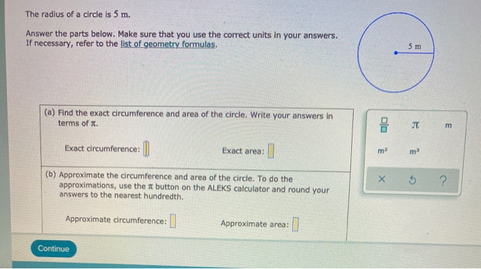 Solved The radius of a circle is 5 m. Answer the parts | Chegg.com
