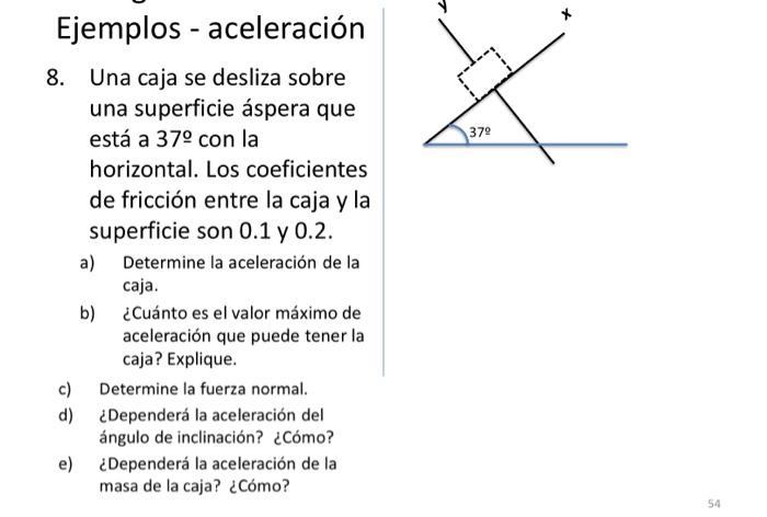 8. Una caja se desliza sobre una superficie áspera que está a \( 37^{\circ} \) con la horizontal. Los coeficientes de fricció