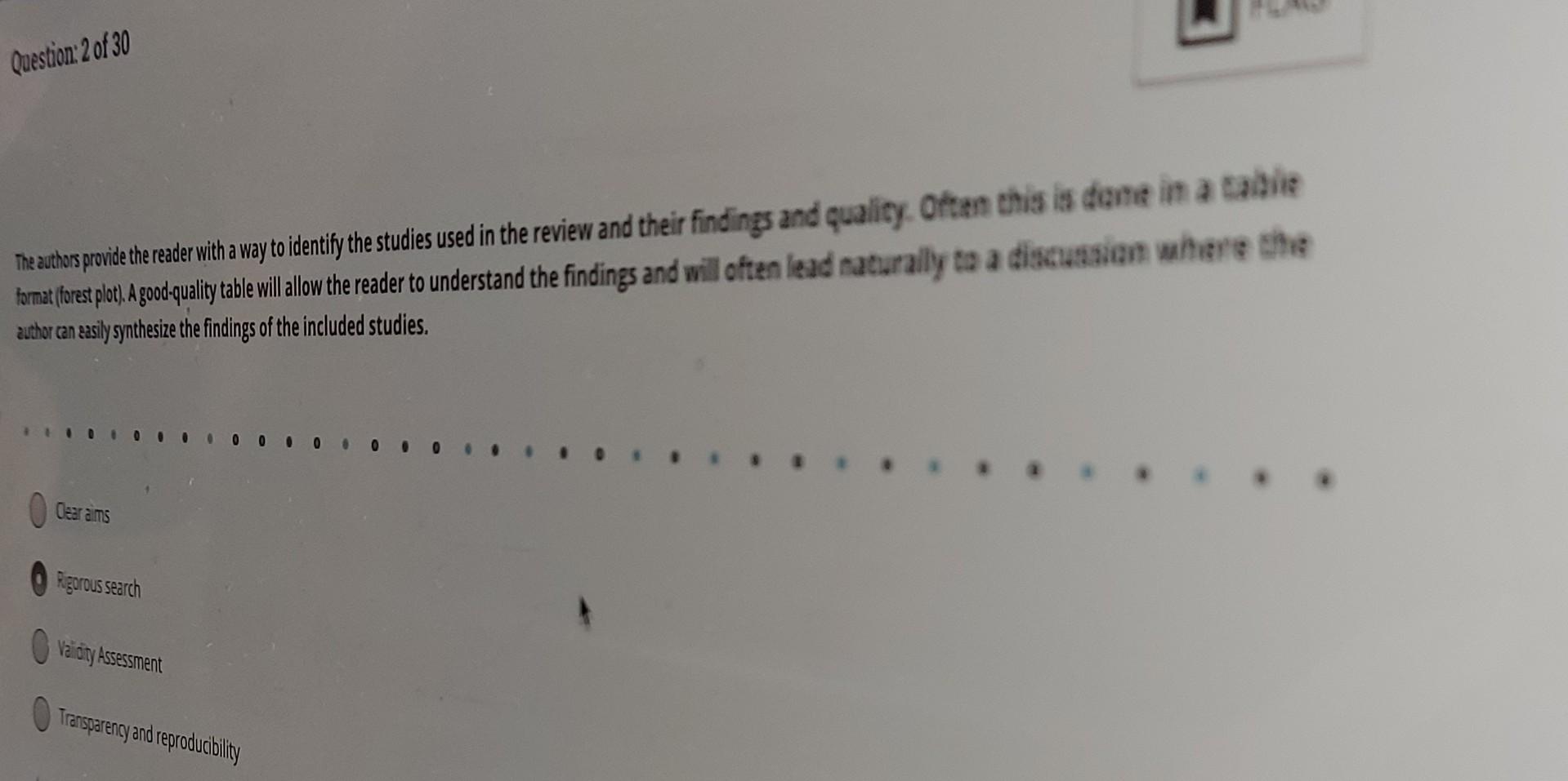 Question: 20f30 The authors provide the reader with a way to identify the studies used in the review and their findings and q