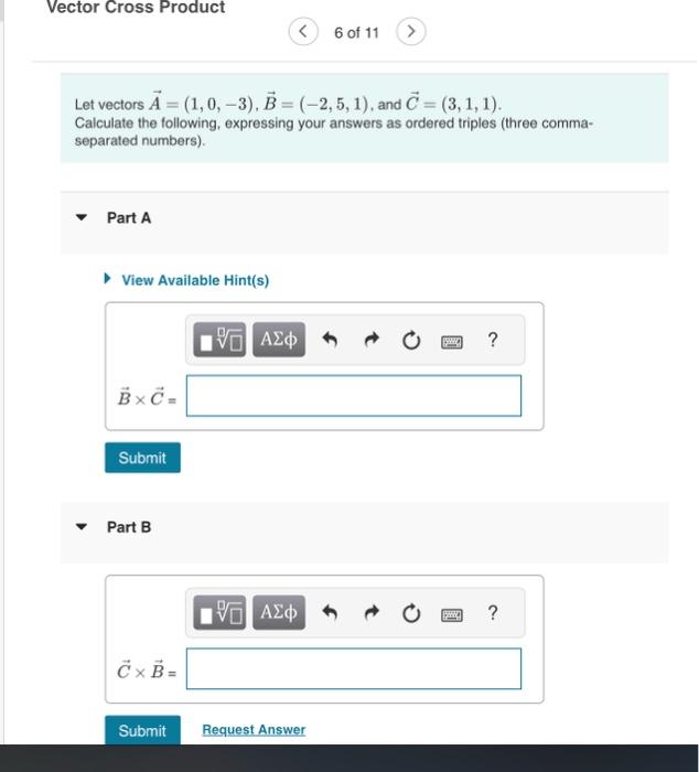 Solved Vector Cross Product 6 of 11 Let vectors | Chegg.com
