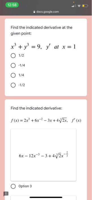 Solved 12:57 docs.google.com Find the second derivative of | Chegg.com
