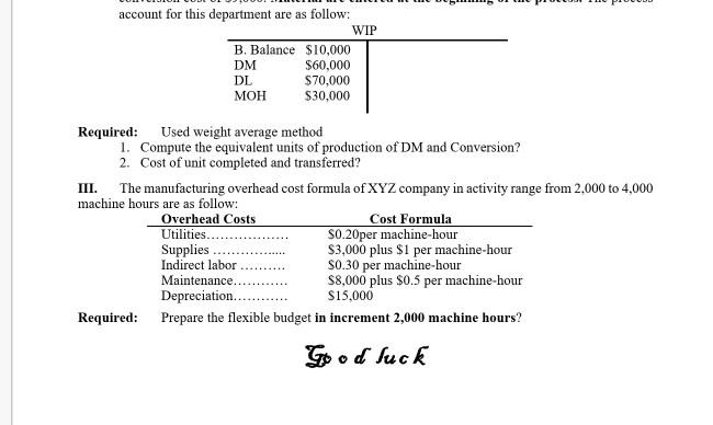 Solved III. The manufacturing overhead cost formula of XYZ | Chegg.com
