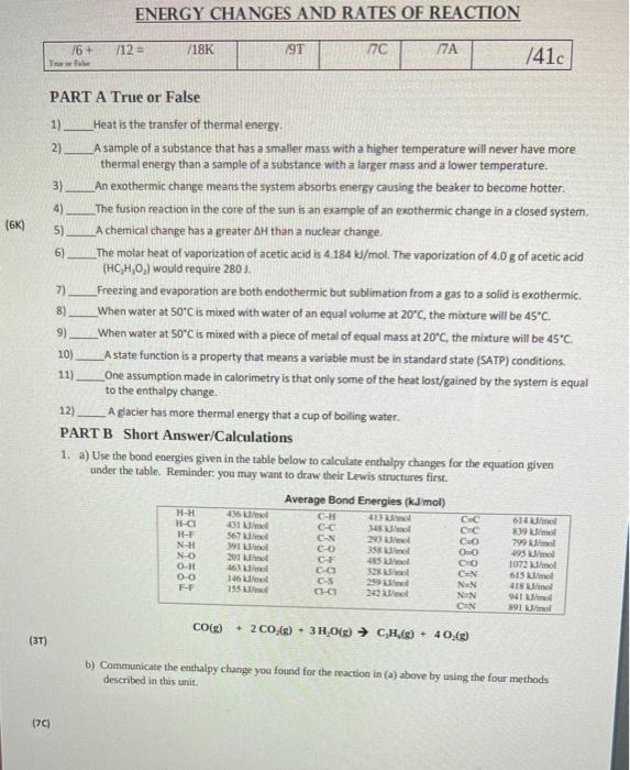Solved ENERGY CHANGES AND RATES OF REACTION 712= /18K 76+ | Chegg.com