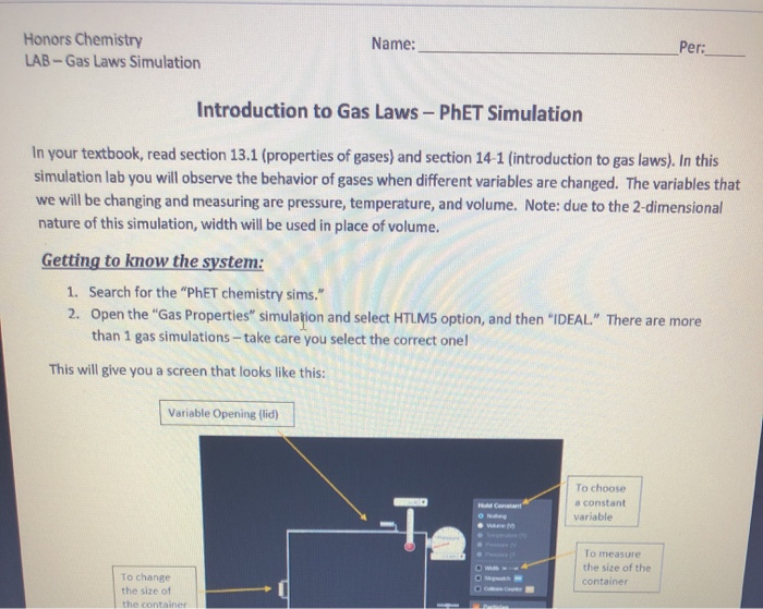 Honors Chemistry LABGas Laws Simulation Name Per