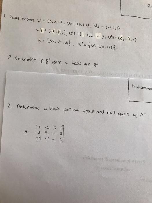 Solved 21 1 Define Vectors U 0 0 1 02 0 1 1 U Chegg Com