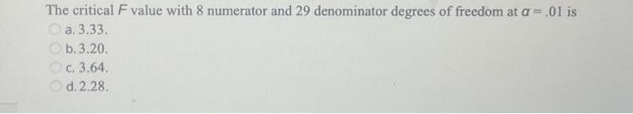 Solved The critical F value with 8 numerator and 29 | Chegg.com