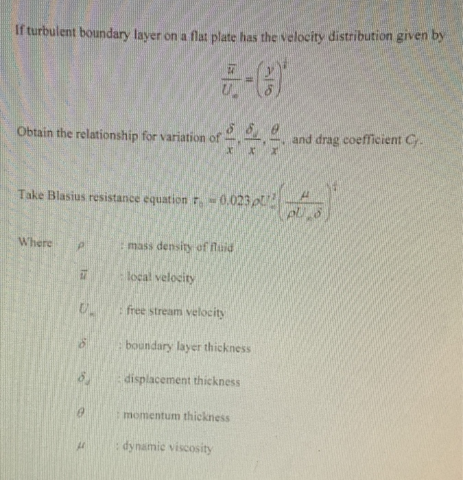 Solved If turbulent boundary layer on a flat plate has the | Chegg.com