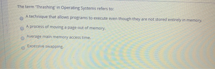 Solved The term 'Thrashing in Operating Systems refers to: A | Chegg.com