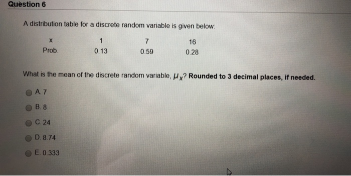 Solved Question 6 A distribution table for a discrete random | Chegg.com
