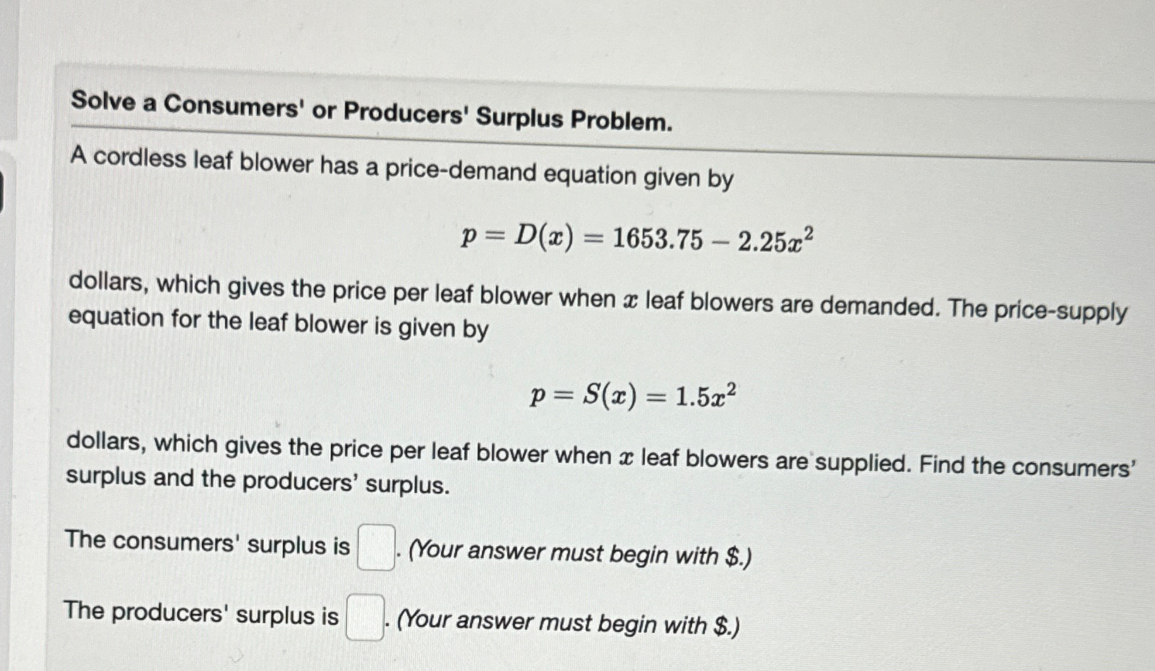 11-13Solve a Consumers' or Producers' Surplus | Chegg.com