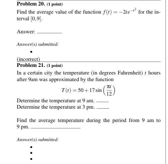 Solved Problem 20. (1 point) Find the average value of the | Chegg.com
