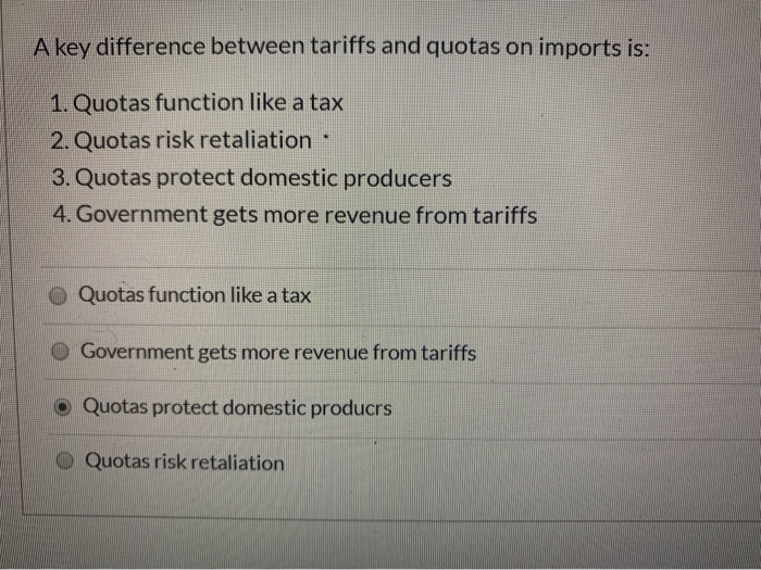 Solved A key difference between tariffs and quotas on | Chegg.com