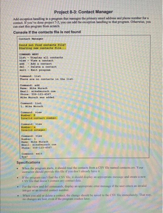 Solved Project 8-3: Contact Manager Add exeeption handling | Chegg.com