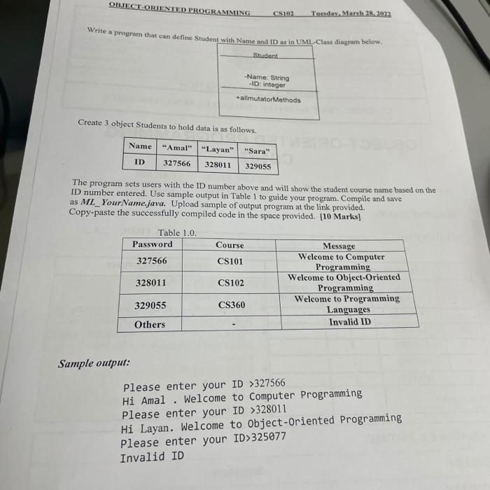 Solved OBJECT ORIENTED PROGRAMMING CSIOZ Tuesday, March 28, | Chegg.com