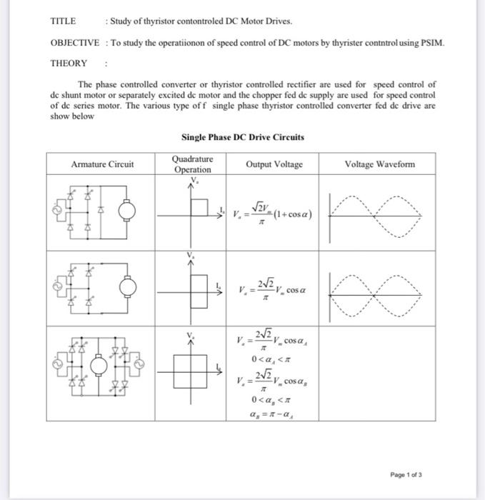 TITLE Study of thyristor contontroled DC Motor | Chegg.com