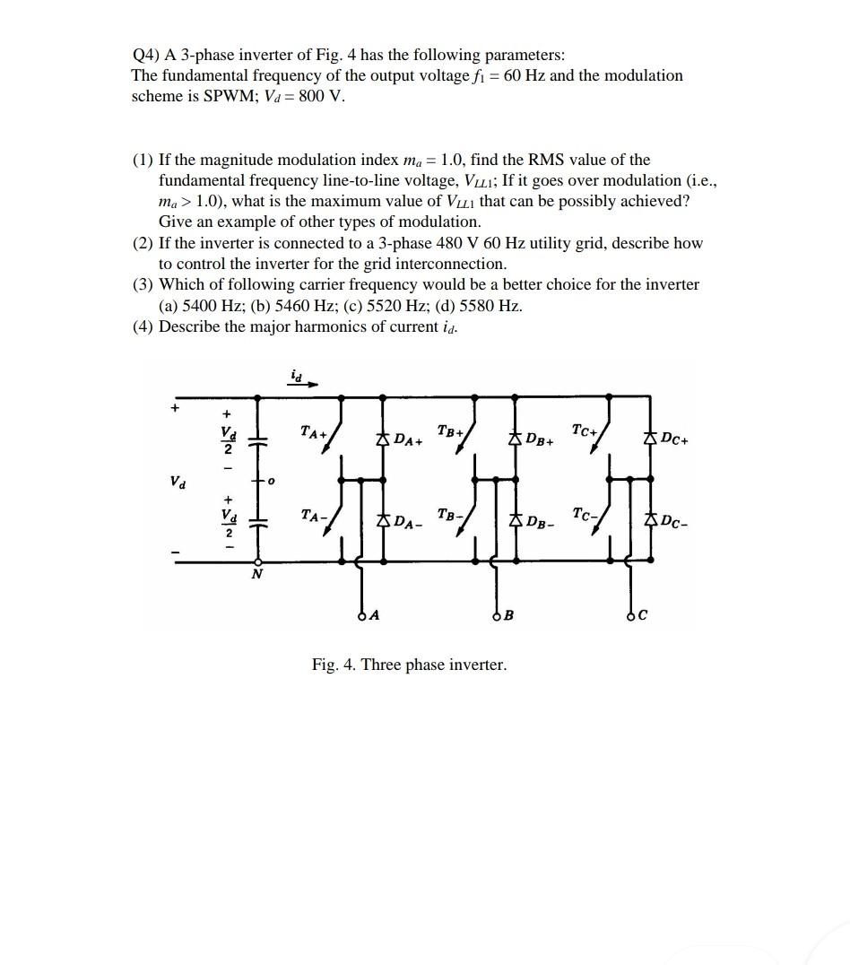 Solved Q4) A 3-phase inverter of Fig. 4 has the following | Chegg.com