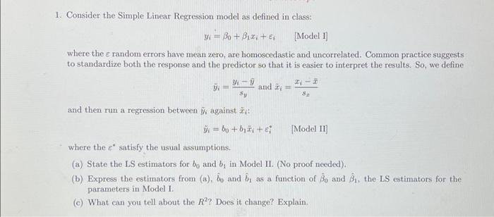 Solved 1. Consider The Simple Linear Regression Model As | Chegg.com