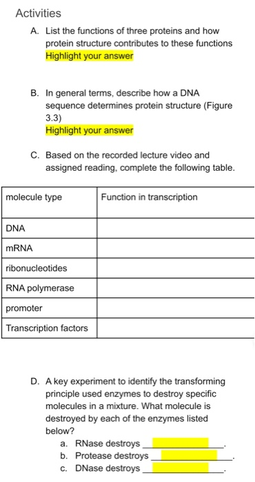 Solved Activities A. List the functions of three proteins | Chegg.com