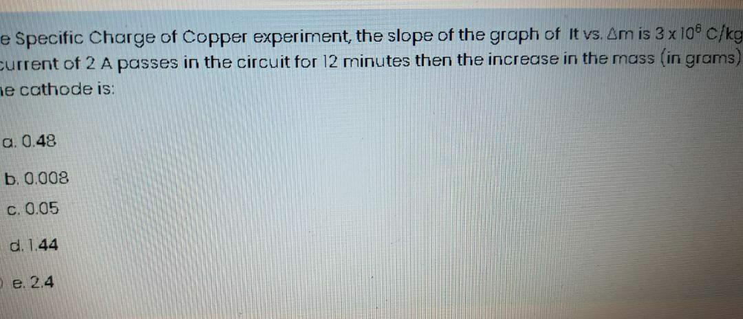 e Specific charge of Copper experiment, the slope of | Chegg.com