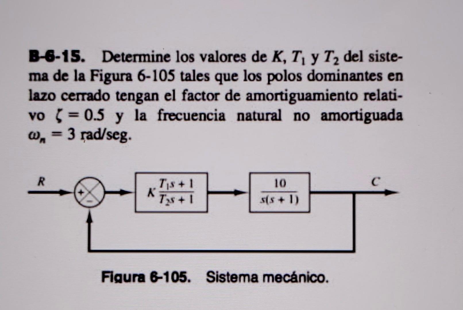 B-6-15. Determine los valores de \( K, T_{1} \) y \( T_{2} \) del sistema de la Figura 6-105 tales que los polos dominantes e