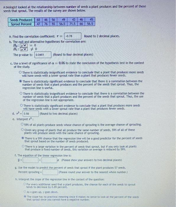 Solved A biologist looked at the relationship between number | Chegg.com