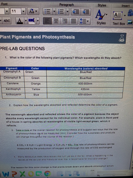 Plant Pigments and Photosynthesis 1. Based on the | Chegg.com