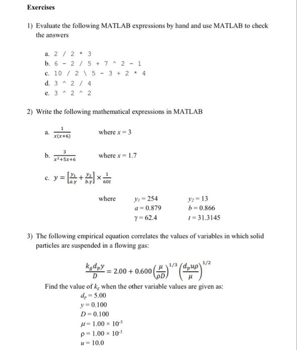 Solved Exercises 1 Evaluate The Following Matlab 2420