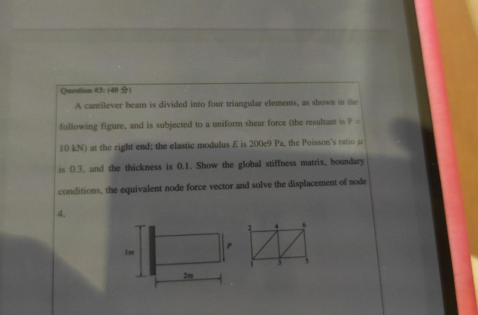 Question #3: (40)
A cantilever beam is divided into four triangular elements, as shown in the
following figure, and is subjec