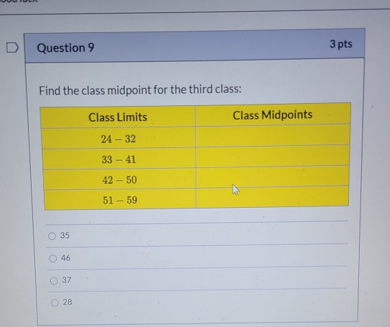 Solved D Question 9 3 Pts Find The Class Midpoint For The 7372