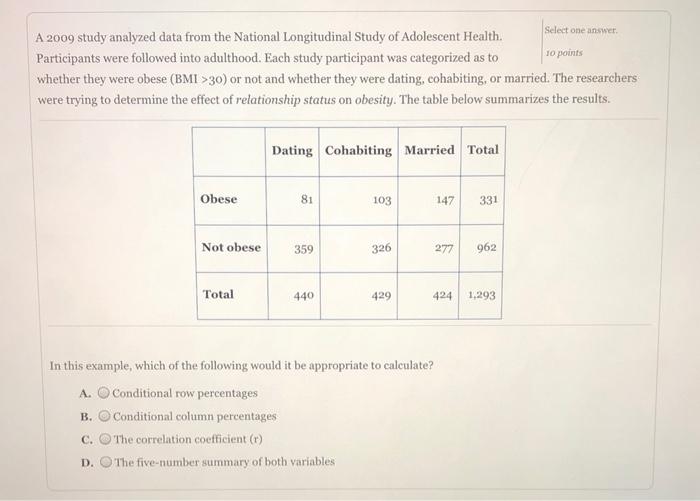 Solved Select one answer 10 points A 2009 study analyzed | Chegg.com
