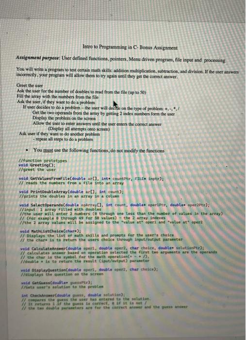 Solved Intro to Programming in C Bonus Assignment Assignment | Chegg.com