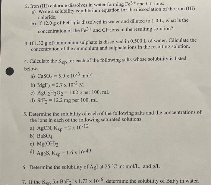 Solved 2. Iron (III) chloride dissolves in water forming | Chegg.com