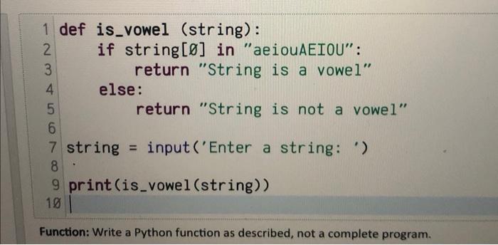 Solved is_vowel o Language/Type: Python string Write a | Chegg.com
