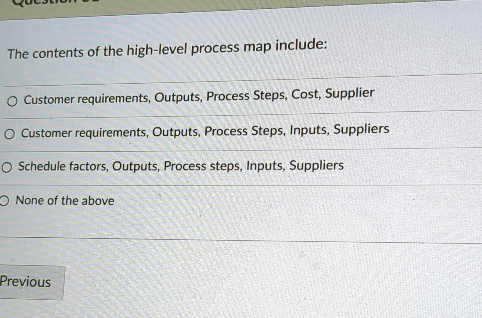 Solved The contents of the high-level process map include: | Chegg.com