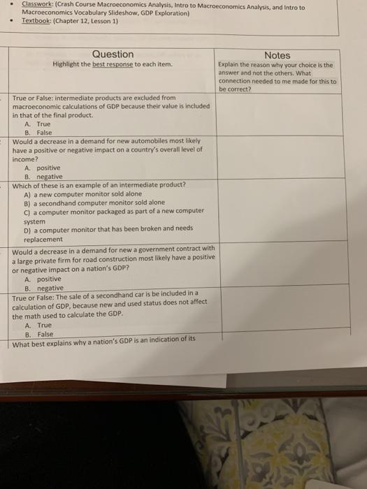 Solved Classwork (Crash Course Macroeconomics Analysis,