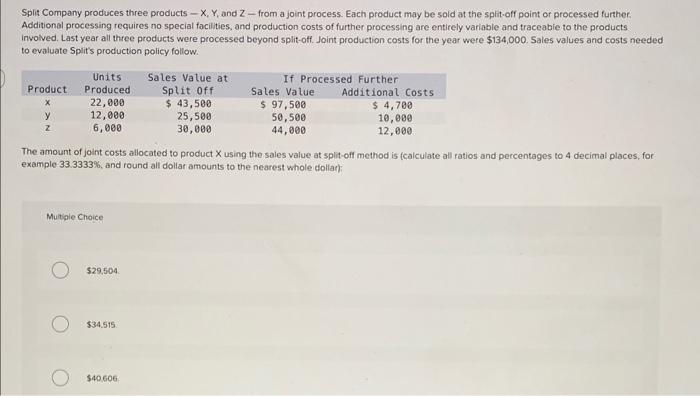 Solved Split Company produces three products −X,Y and Z - | Chegg.com