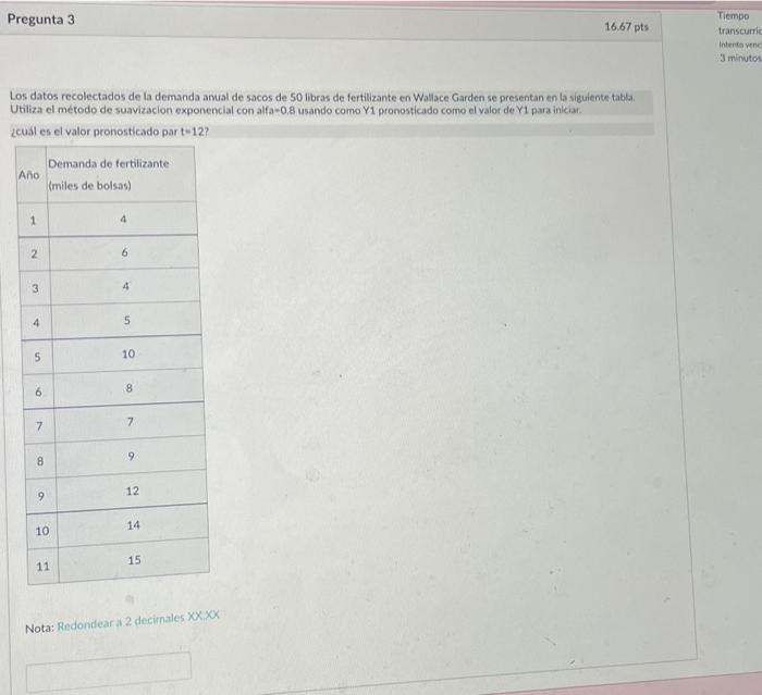 Pregunta 3 16.67 pts Los datos recolectados de la demanda anual de sacos de 50 libras de fertilizante en Wallace Garden se pr