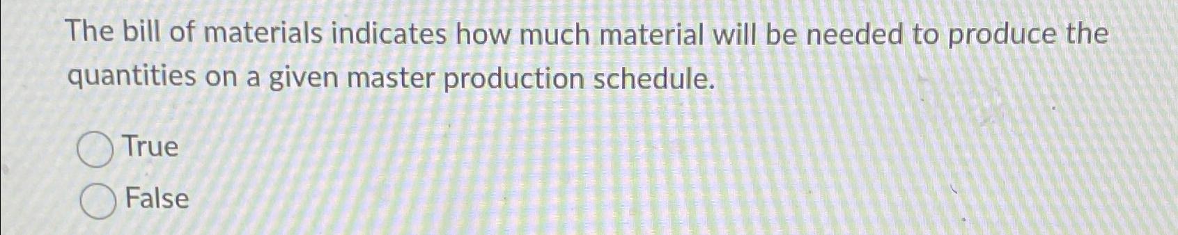 Solved The bill of materials indicates how much material | Chegg.com