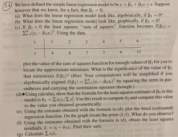 Solved 2.4 We have defined the simple linear regression | Chegg.com